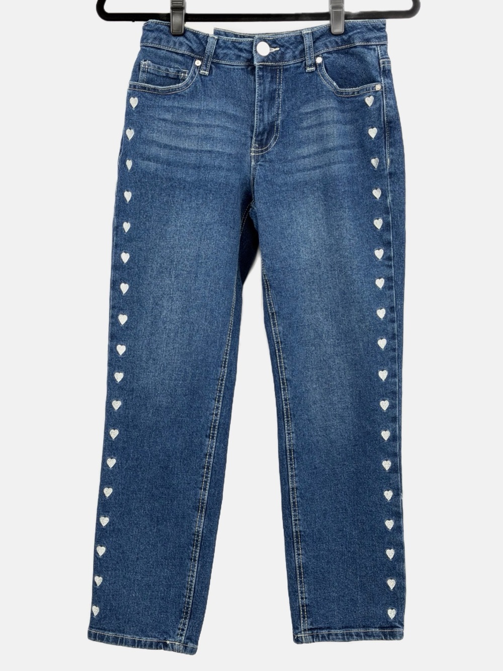 Ban.jara Heart Embroidered Straight Leg Jeans Size 5/26 Mid Rise Blue Denim